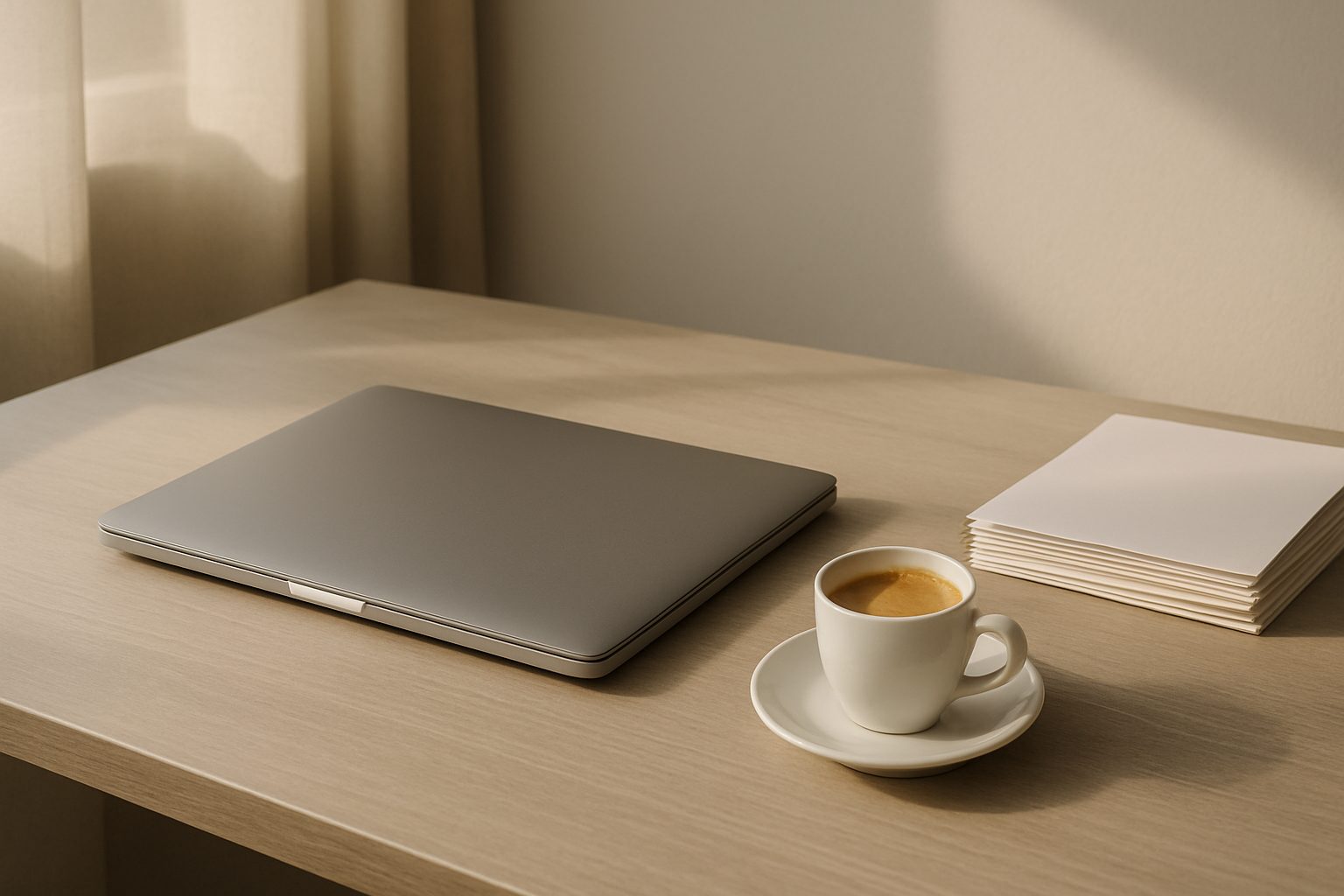 A calm desk with closed laptop and espresso